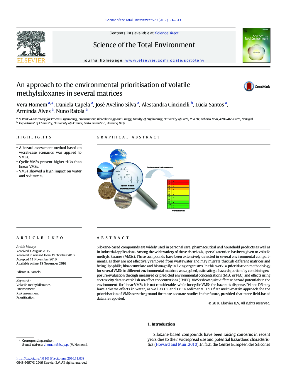 An approach to the environmental prioritisation of volatile methylsiloxanes in several matrices