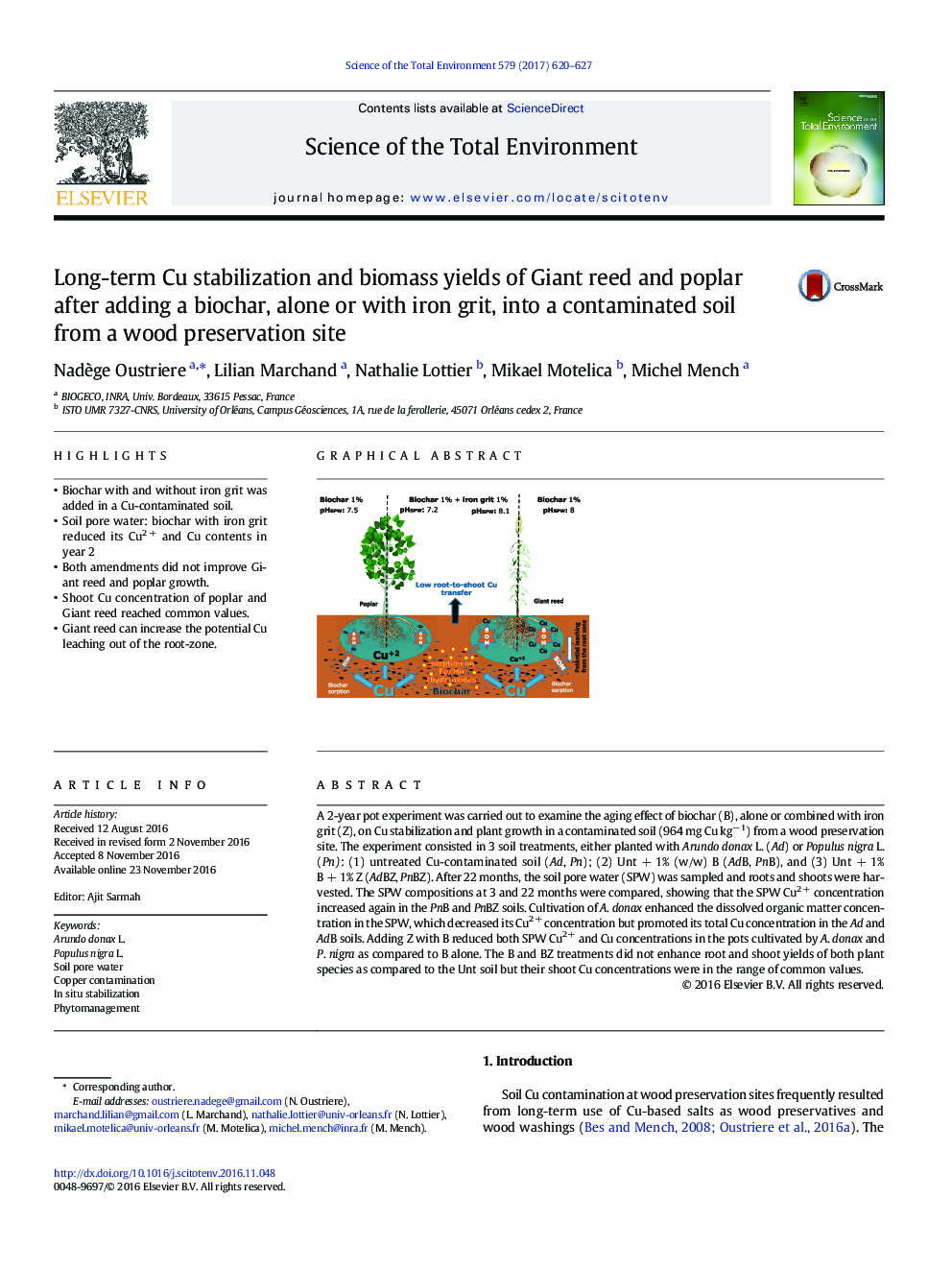 Long-term Cu stabilization and biomass yields of Giant reed and poplar after adding a biochar, alone or with iron grit, into a contaminated soil from a wood preservation site