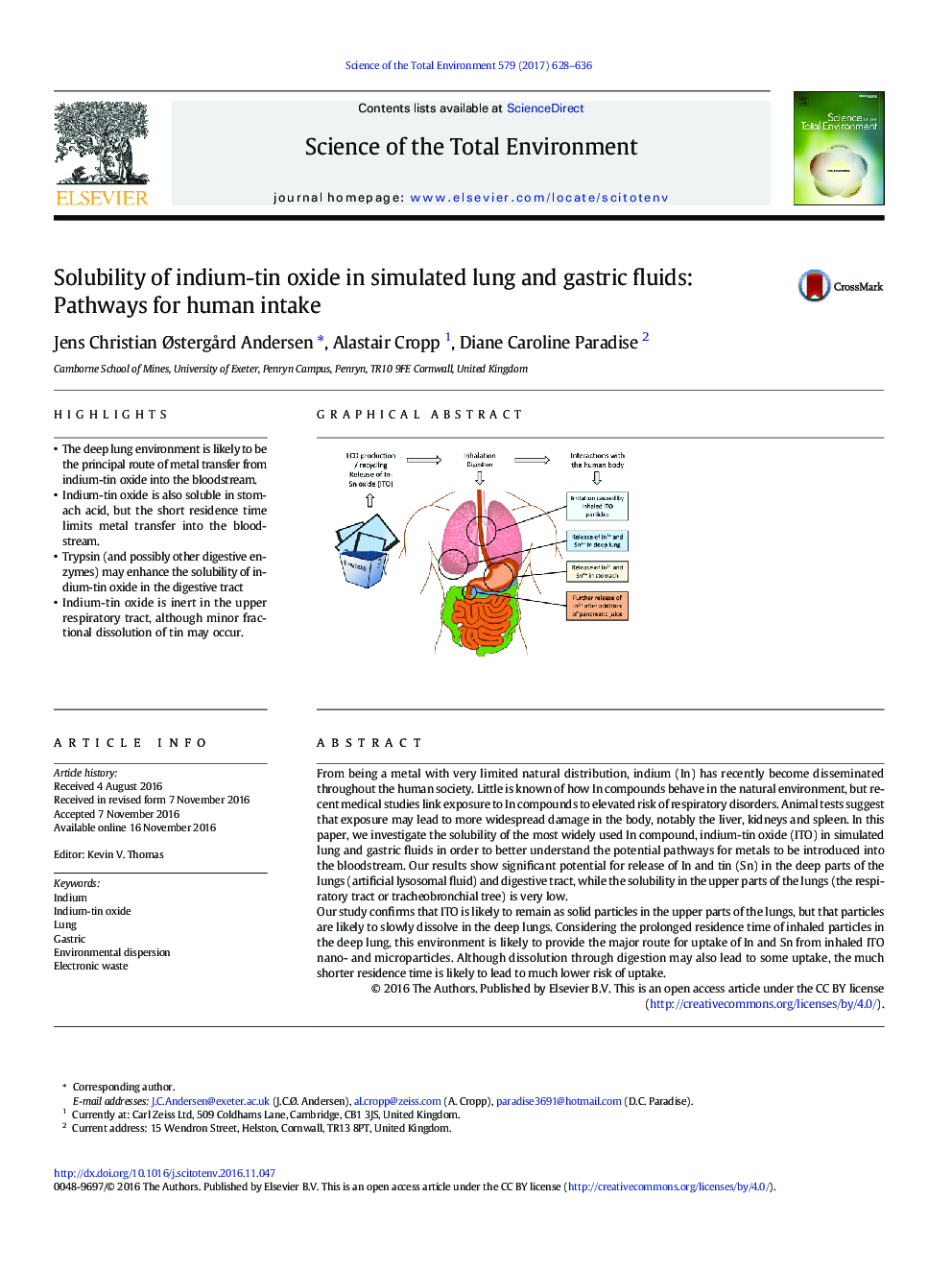 Solubility of indium-tin oxide in simulated lung and gastric fluids: Pathways for human intake