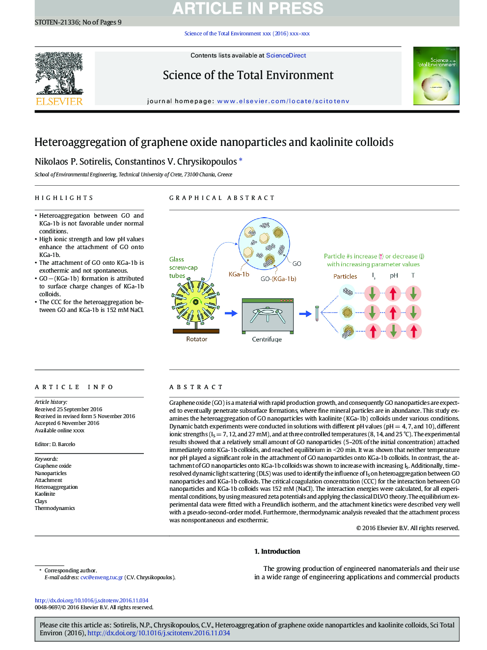 Heteroaggregation of graphene oxide nanoparticles and kaolinite colloids