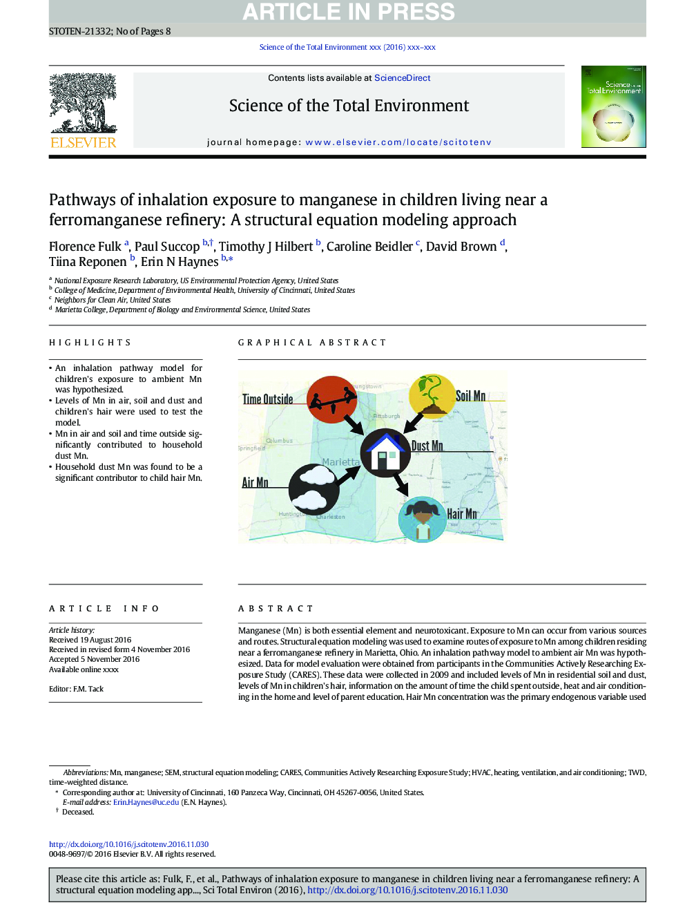 Pathways of inhalation exposure to manganese in children living near a ferromanganese refinery: A structural equation modeling approach