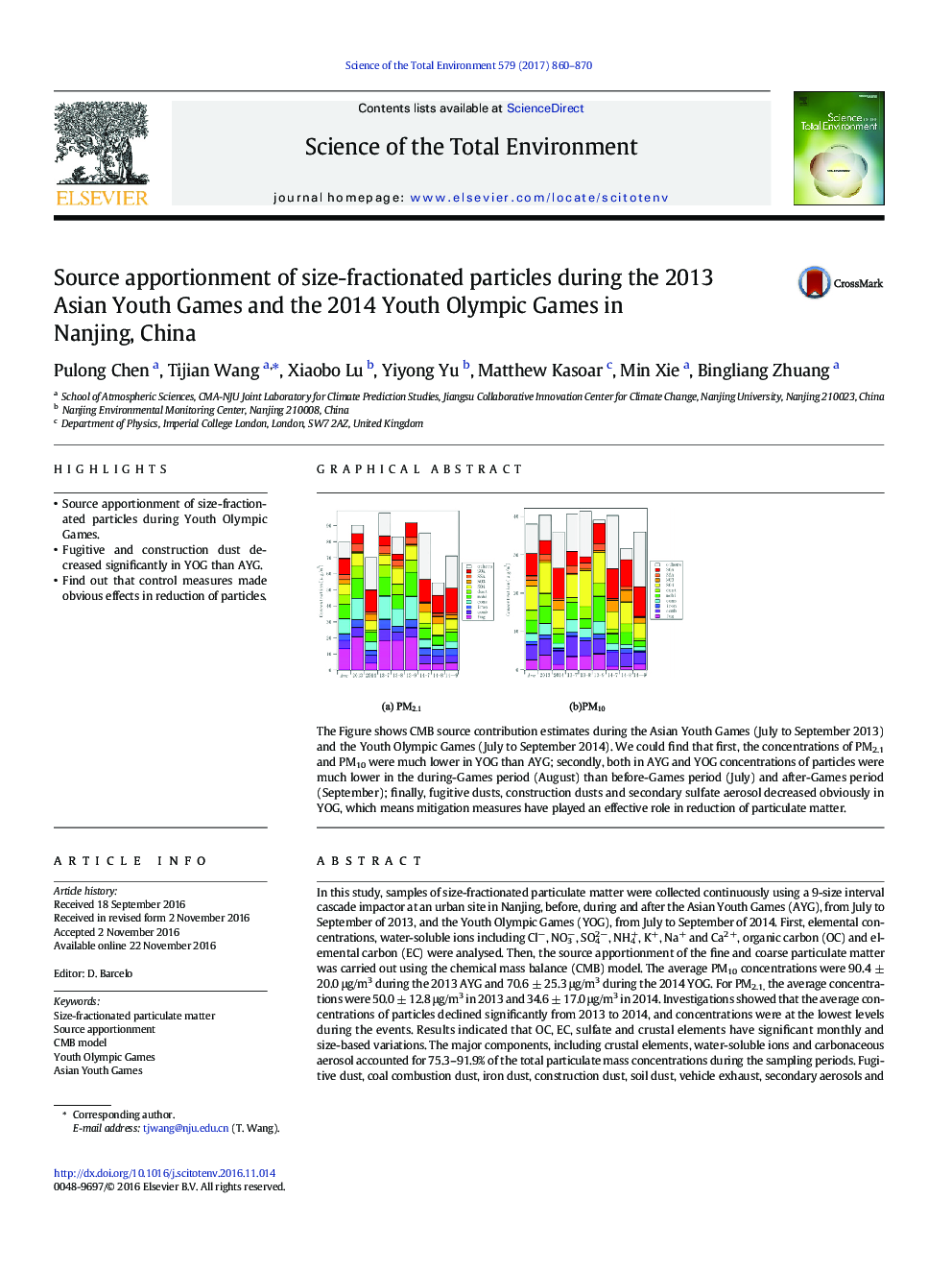 Source apportionment of size-fractionated particles during the 2013 Asian Youth Games and the 2014 Youth Olympic Games in Nanjing, China