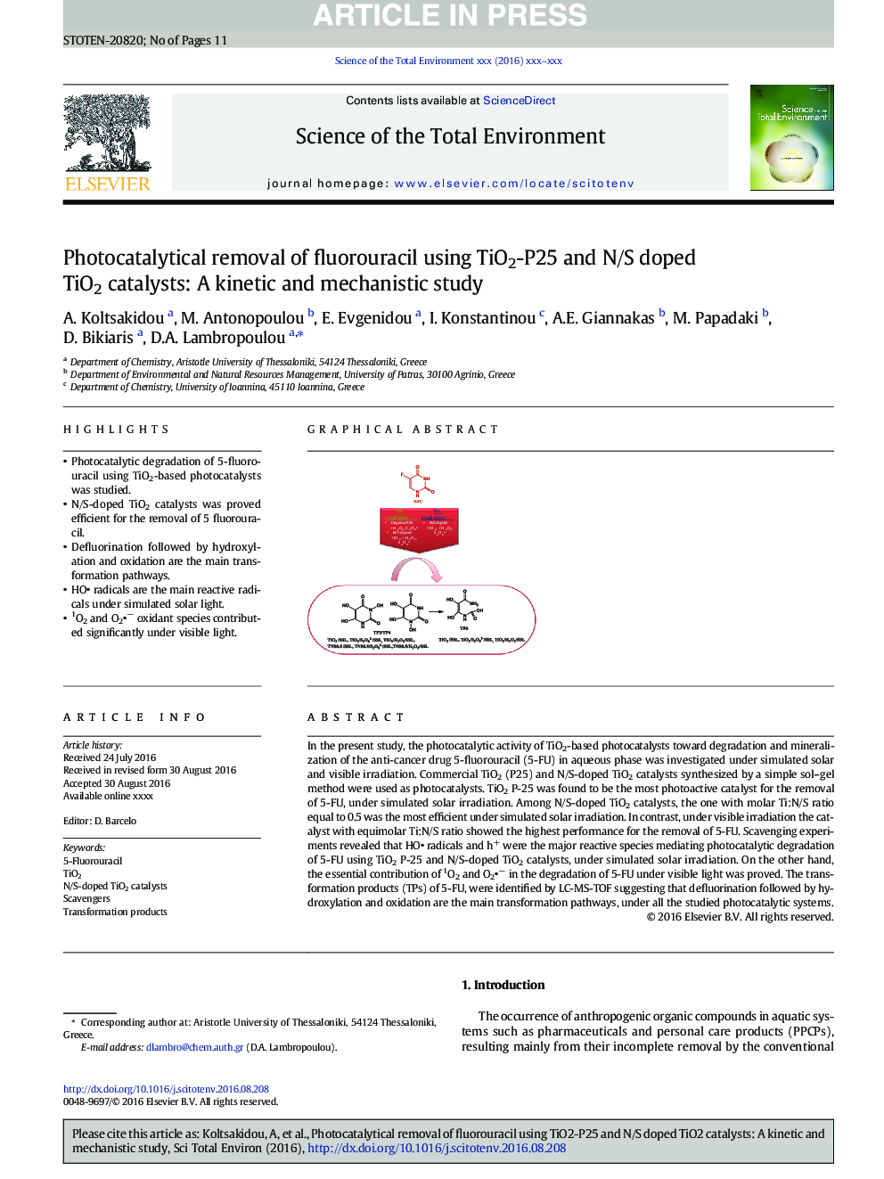 Photocatalytical removal of fluorouracil using TiO2-P25 and N/S doped TiO2 catalysts: A kinetic and mechanistic study