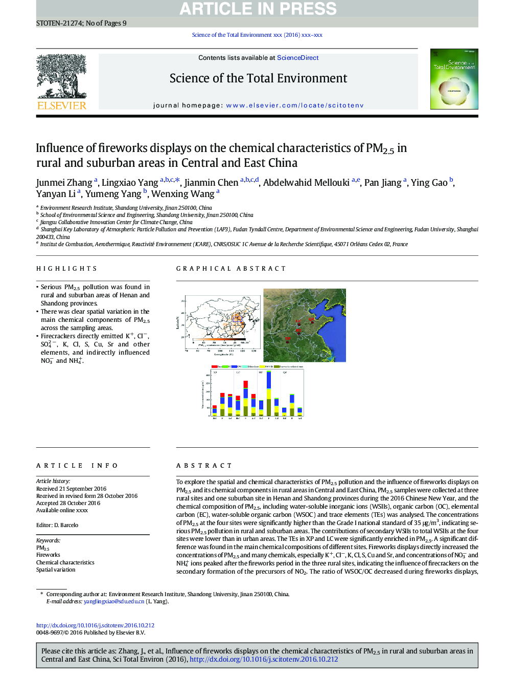 Influence of fireworks displays on the chemical characteristics of PM2.5 in rural and suburban areas in Central and East China