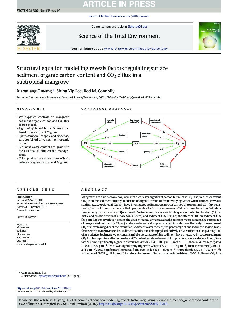 Structural equation modelling reveals factors regulating surface sediment organic carbon content and CO2 efflux in a subtropical mangrove