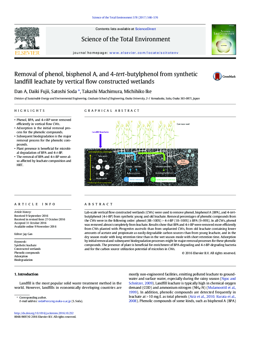 Removal of phenol, bisphenol A, and 4-tert-butylphenol from synthetic landfill leachate by vertical flow constructed wetlands