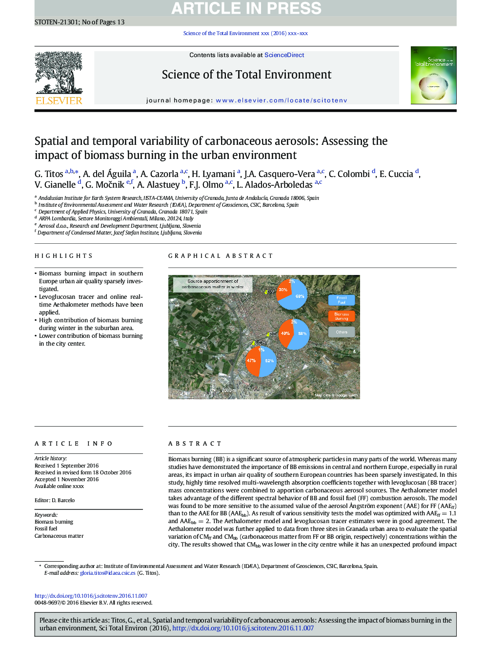 Spatial and temporal variability of carbonaceous aerosols: Assessing the impact of biomass burning in the urban environment