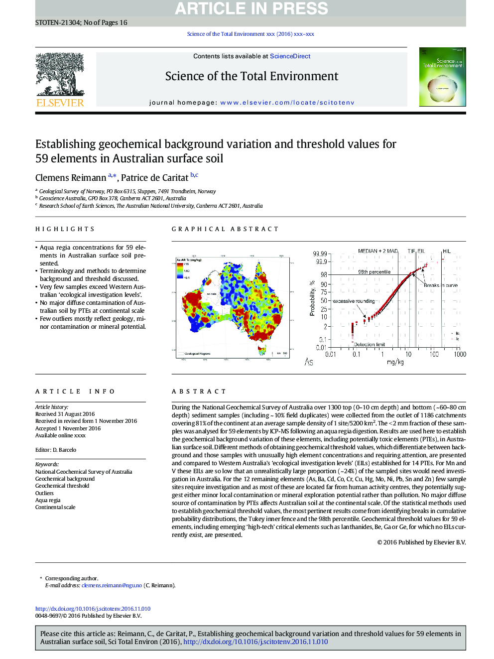 Establishing geochemical background variation and threshold values for 59 elements in Australian surface soil