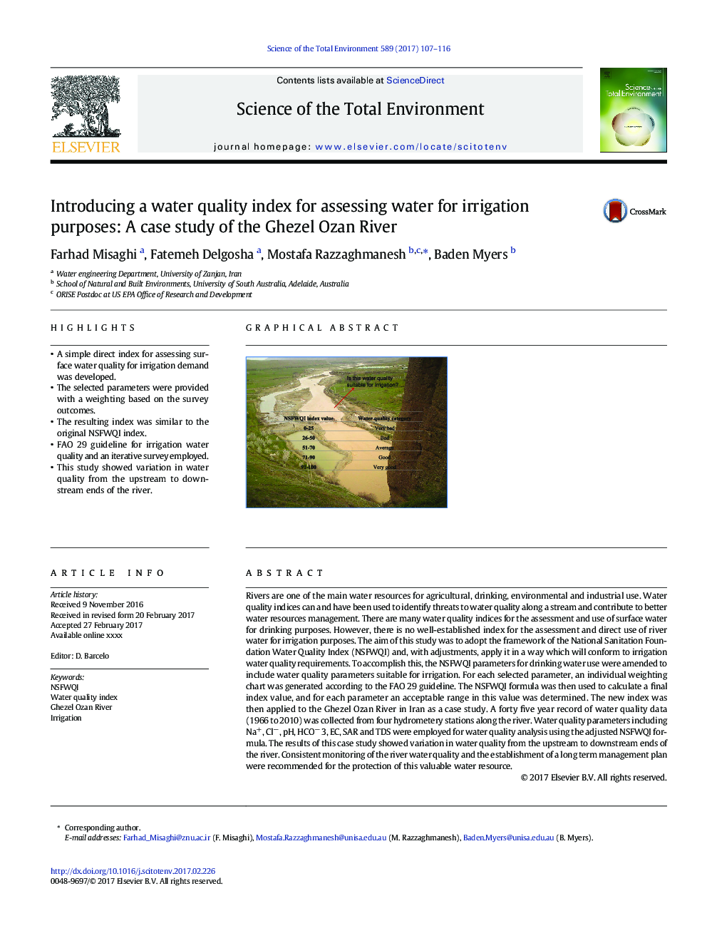 Introducing a water quality index for assessing water for irrigation purposes: A case study of the Ghezel Ozan River