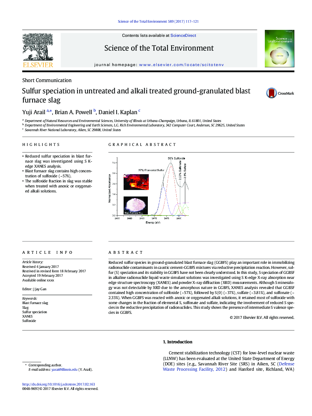 Sulfur speciation in untreated and alkali treated ground-granulated blast furnace slag