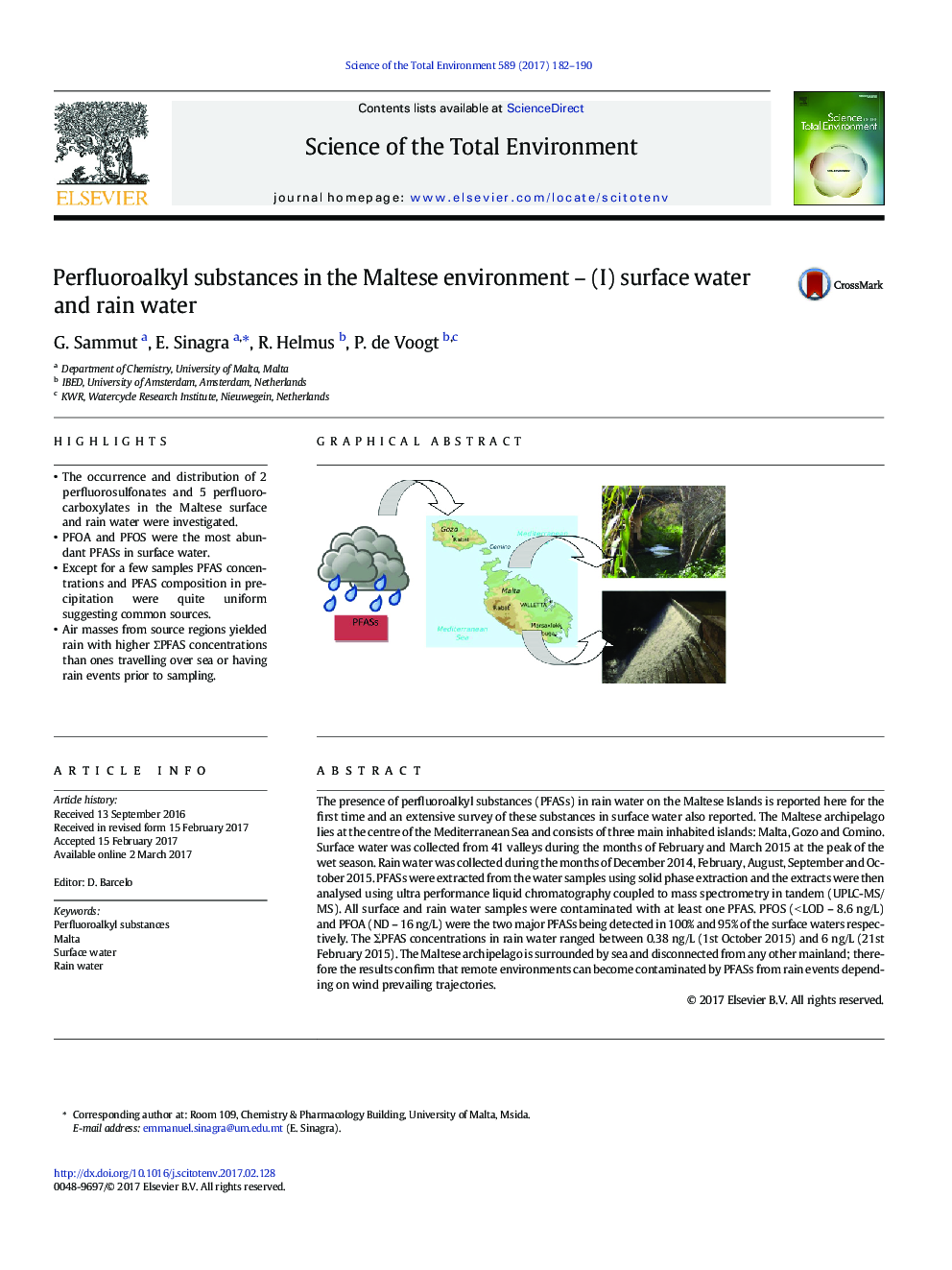 Perfluoroalkyl substances in the Maltese environment - (I) surface water and rain water