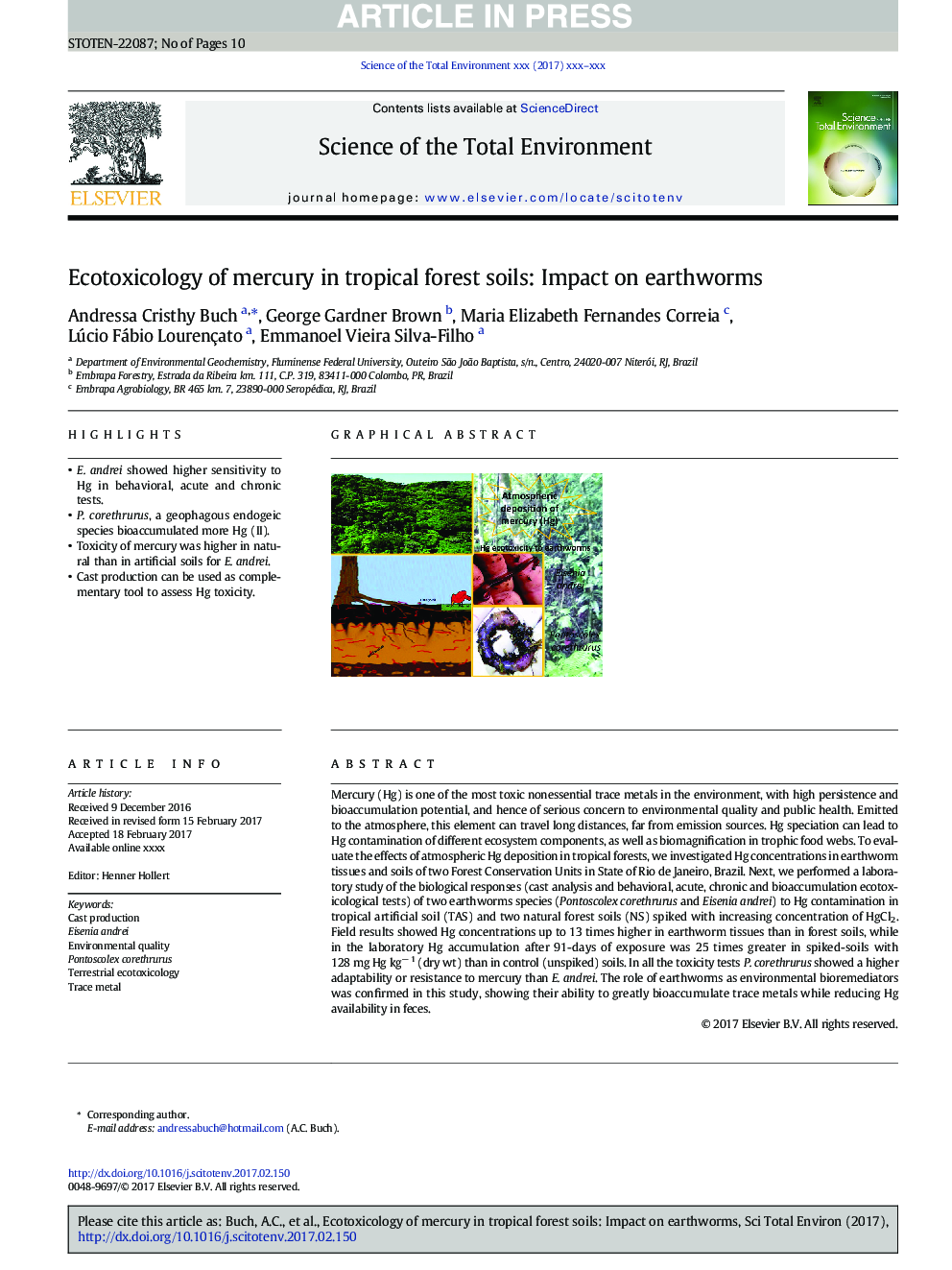 Ecotoxicology of mercury in tropical forest soils: Impact on earthworms