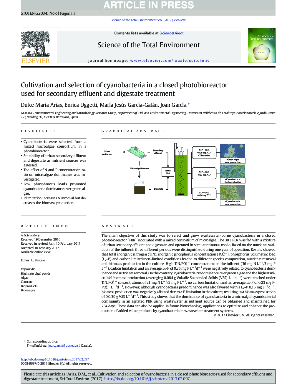 Cultivation and selection of cyanobacteria in a closed photobioreactor used for secondary effluent and digestate treatment