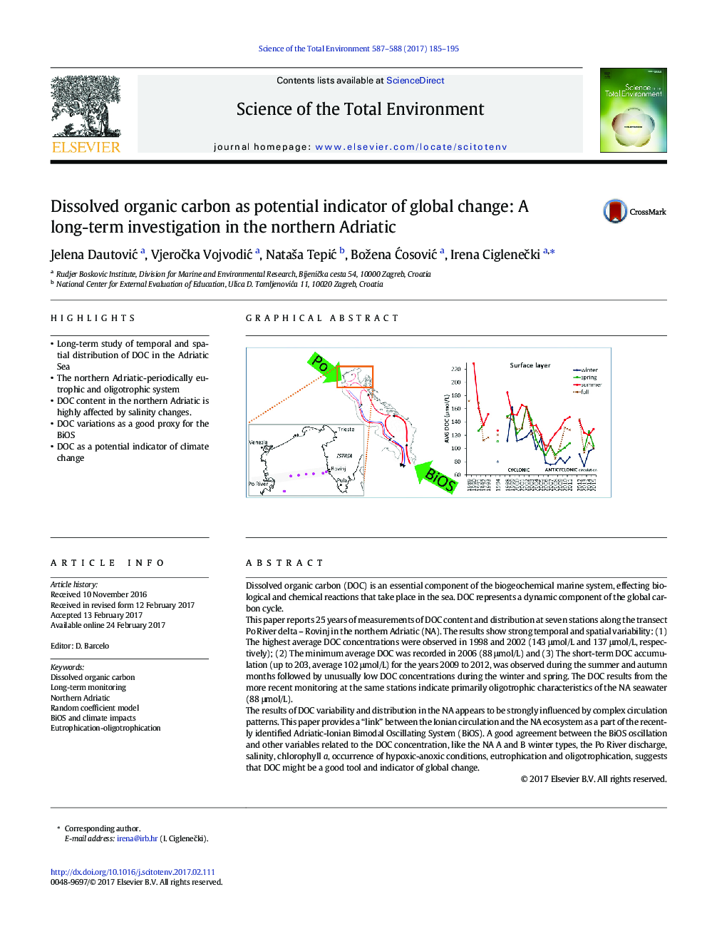 Dissolved organic carbon as potential indicator of global change: A long-term investigation in the northern Adriatic