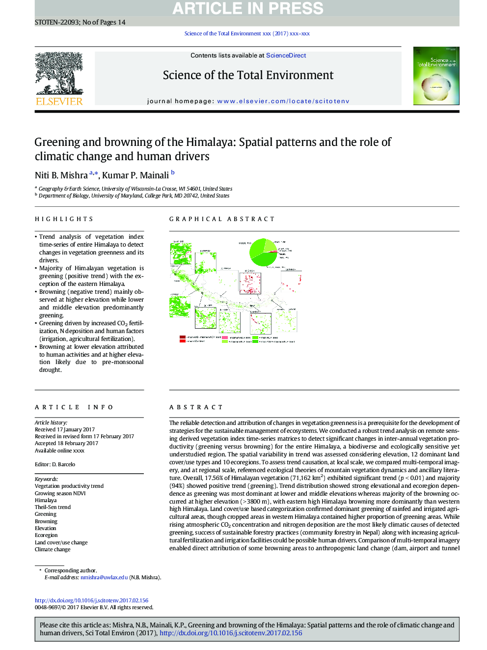 Greening and browning of the Himalaya: Spatial patterns and the role of climatic change and human drivers