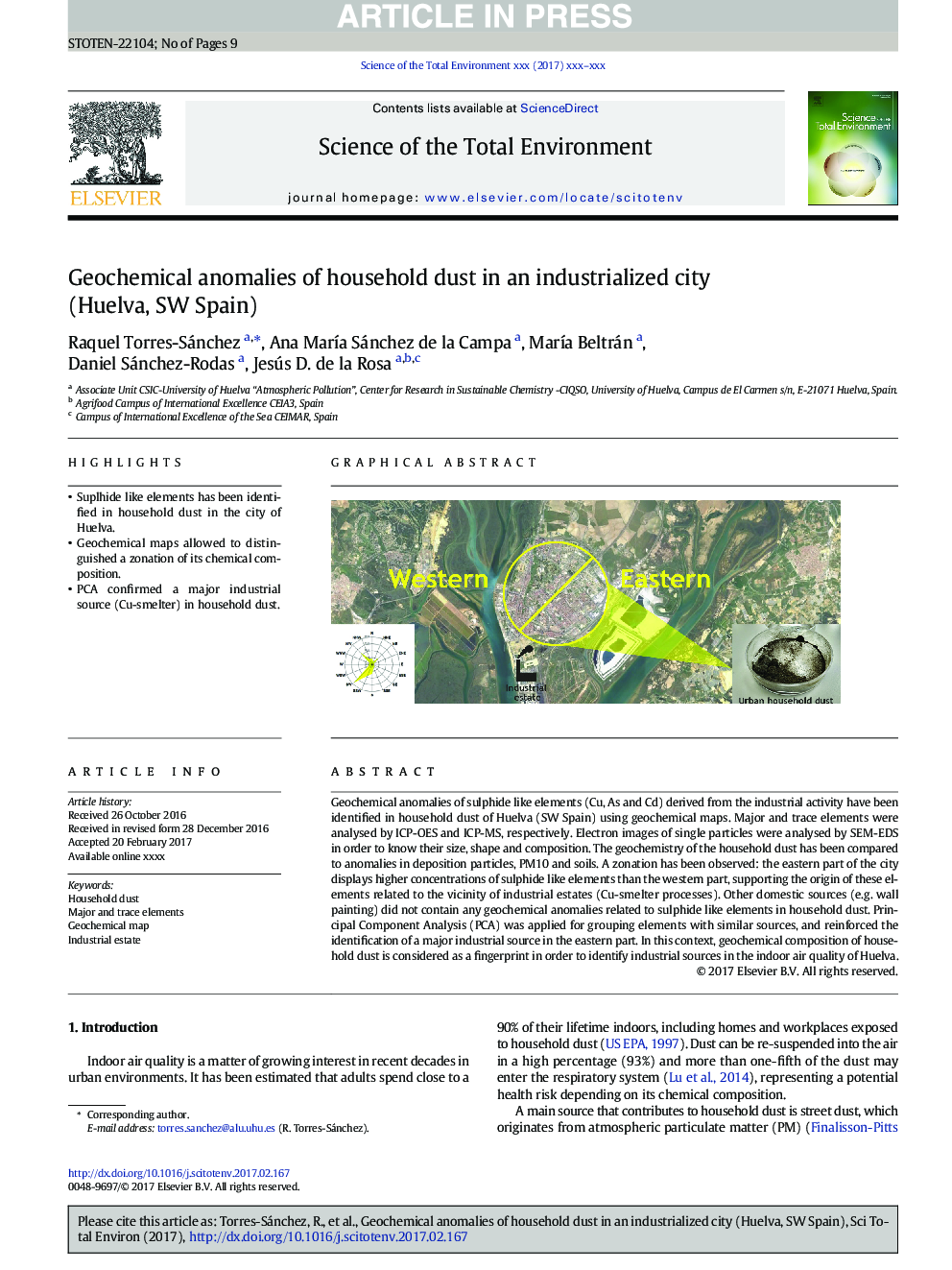 Geochemical anomalies of household dust in an industrialized city (Huelva, SW Spain)