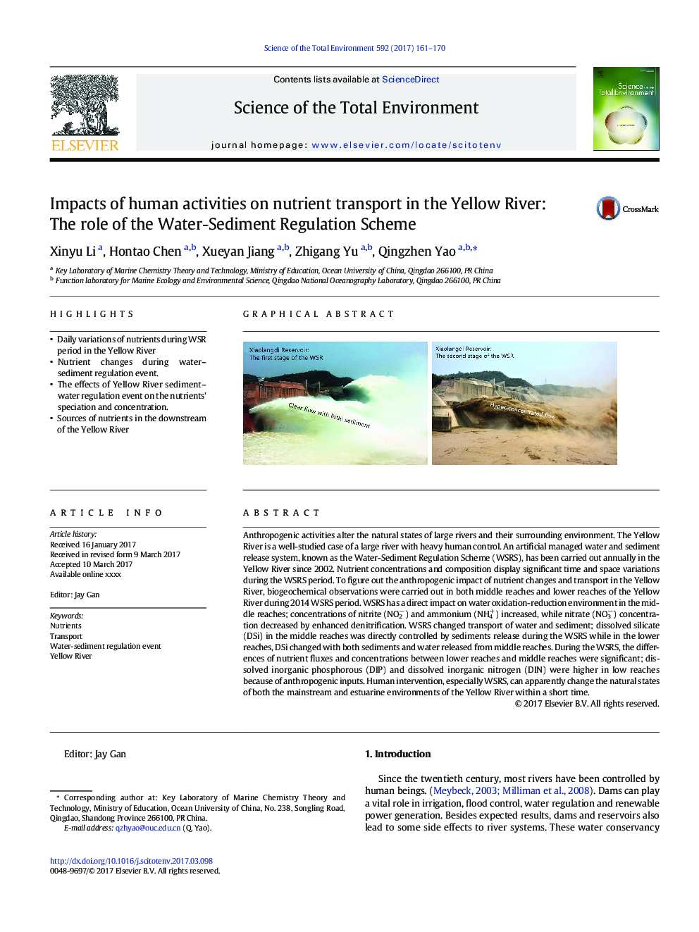 تأثیر فعالیت های انسانی بر انتقال مواد مغذی در رودخانه زرد: نقش برنامه ریزی آب رسوب 