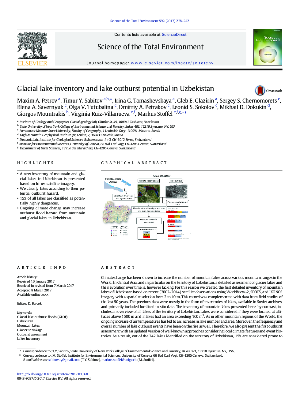 Glacial lake inventory and lake outburst potential in Uzbekistan