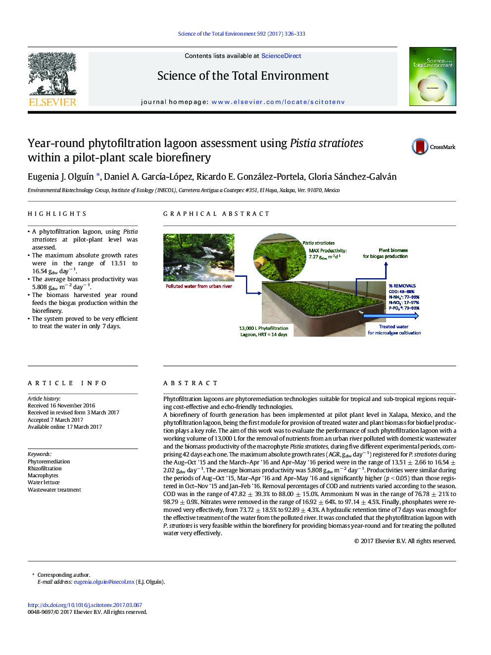 Year-round phytofiltration lagoon assessment using Pistia stratiotes within a pilot-plant scale biorefinery