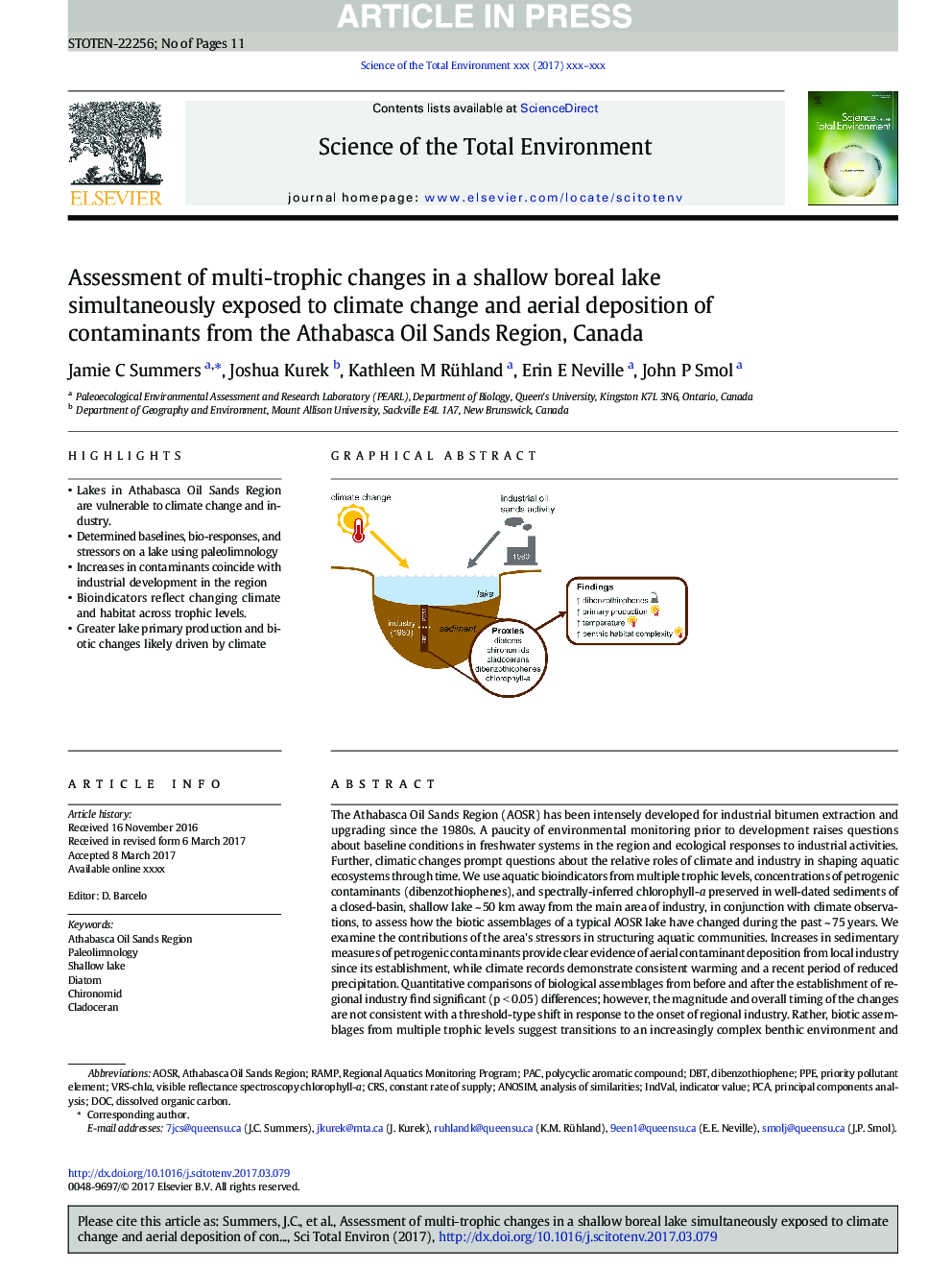 Assessment of multi-trophic changes in a shallow boreal lake simultaneously exposed to climate change and aerial deposition of contaminants from the Athabasca Oil Sands Region, Canada