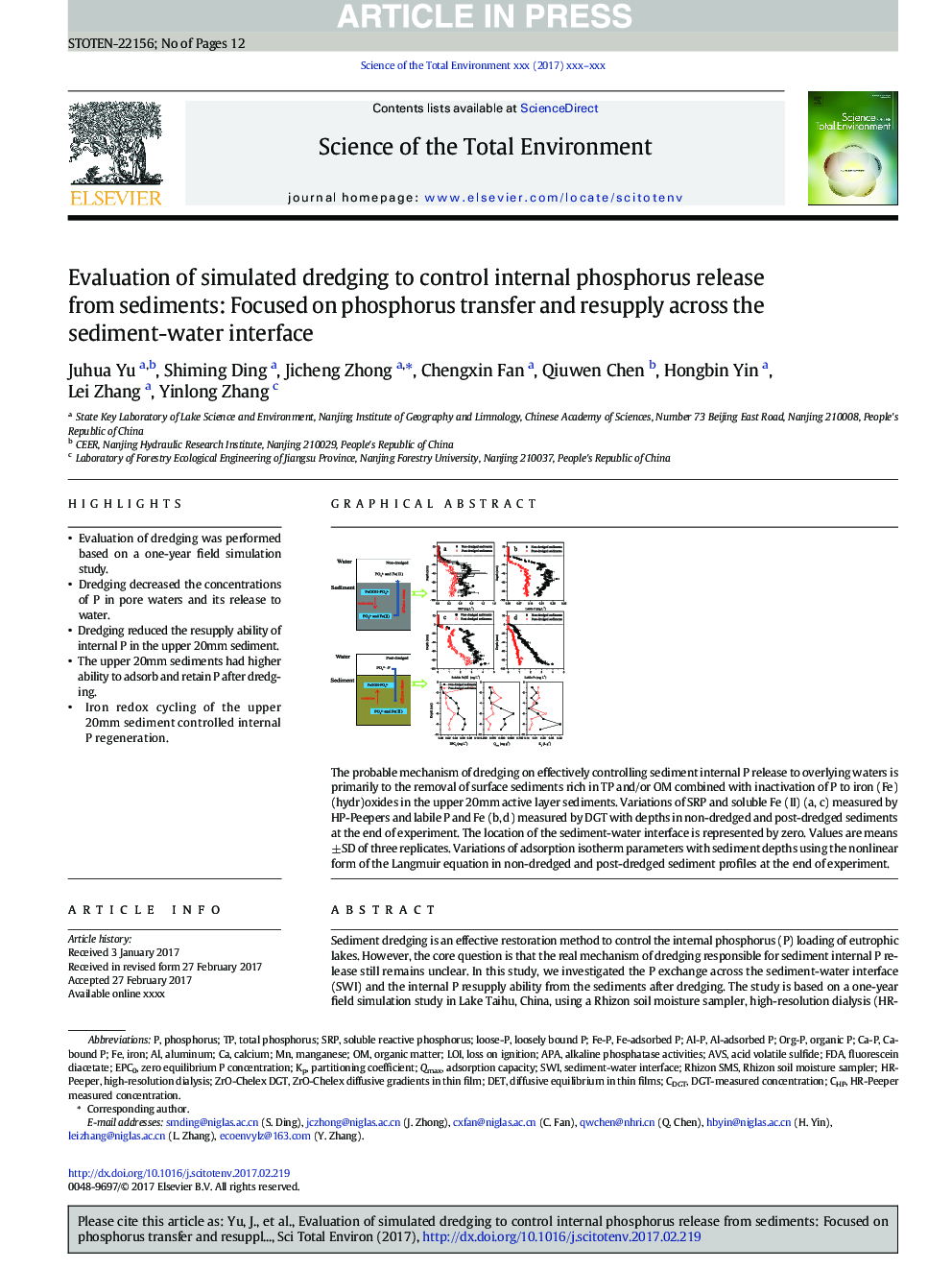 Evaluation of simulated dredging to control internal phosphorus release from sediments: Focused on phosphorus transfer and resupply across the sediment-water interface