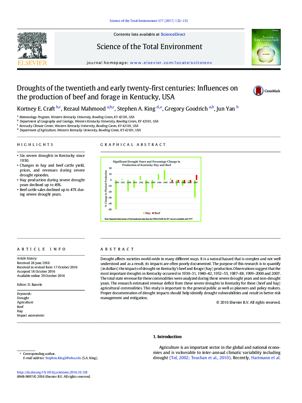 Droughts of the twentieth and early twenty-first centuries: Influences on the production of beef and forage in Kentucky, USA