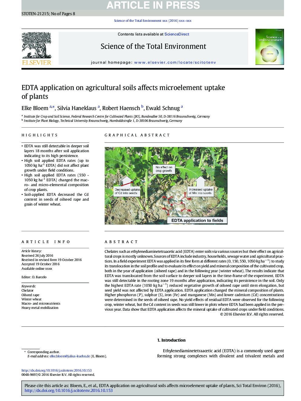 EDTA application on agricultural soils affects microelement uptake of plants
