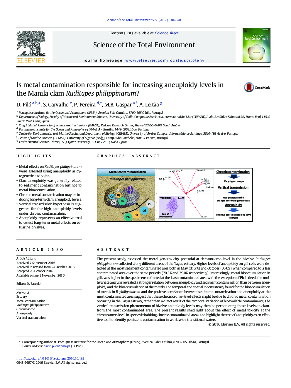 Is metal contamination responsible for increasing aneuploidy levels in the Manila clam Ruditapes philippinarum?