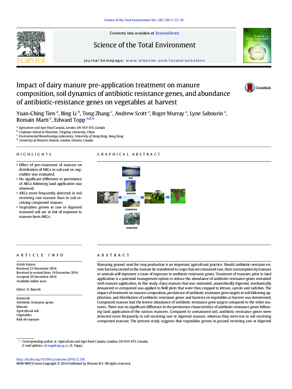 Impact of dairy manure pre-application treatment on manure composition, soil dynamics of antibiotic resistance genes, and abundance of antibiotic-resistance genes on vegetables at harvest