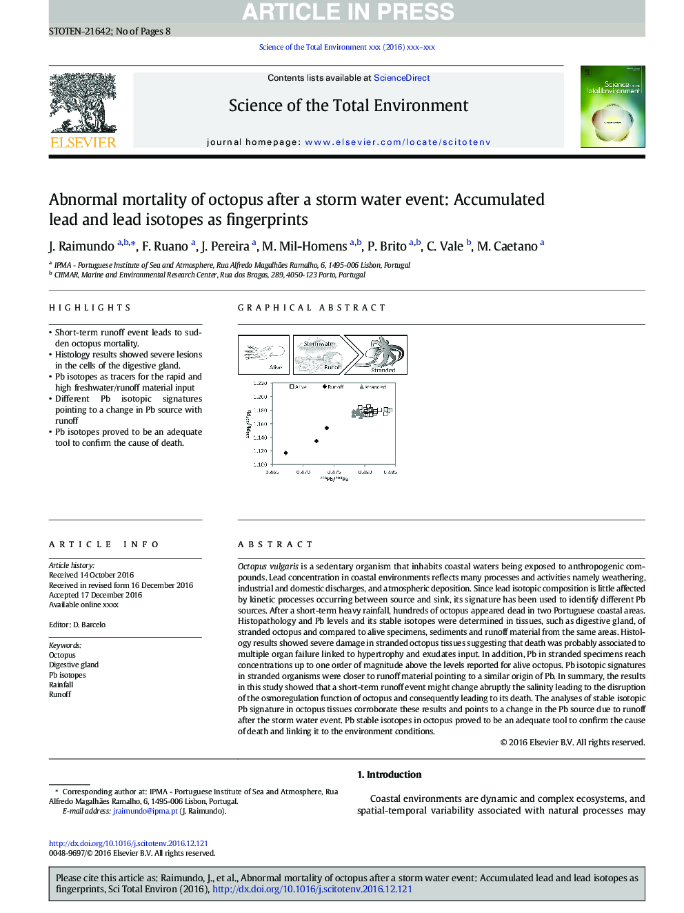 Abnormal mortality of octopus after a storm water event: Accumulated lead and lead isotopes as fingerprints