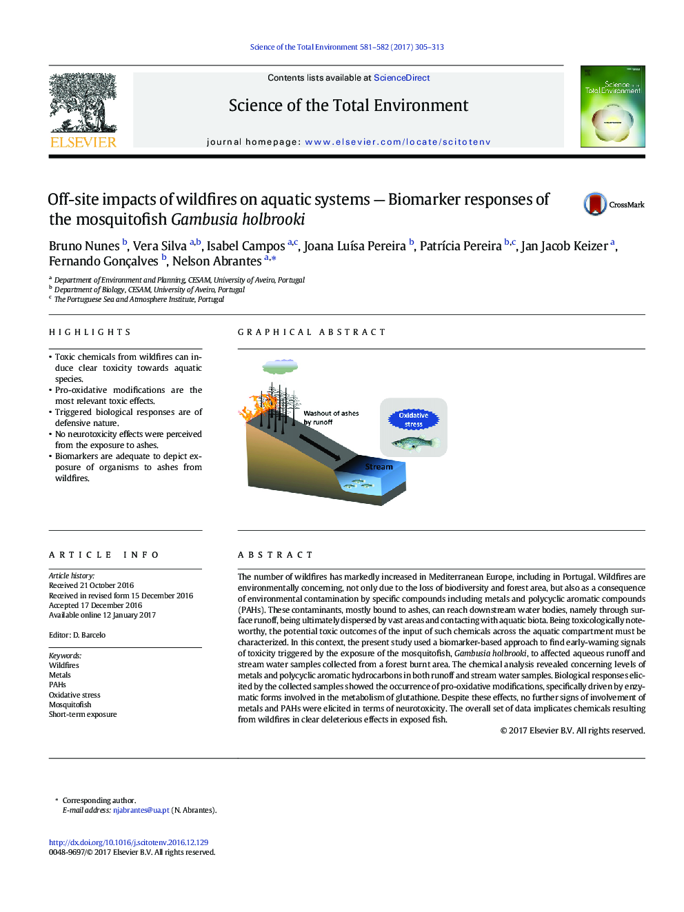 Off-site impacts of wildfires on aquatic systems - Biomarker responses of the mosquitofish Gambusia holbrooki