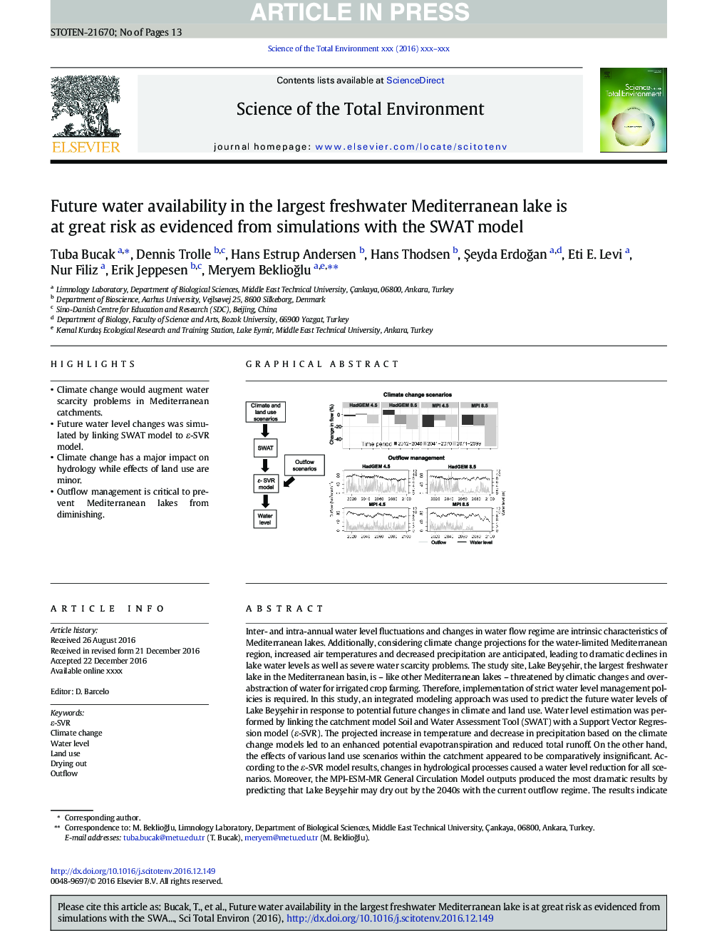 Future water availability in the largest freshwater Mediterranean lake is at great risk as evidenced from simulations with the SWAT model