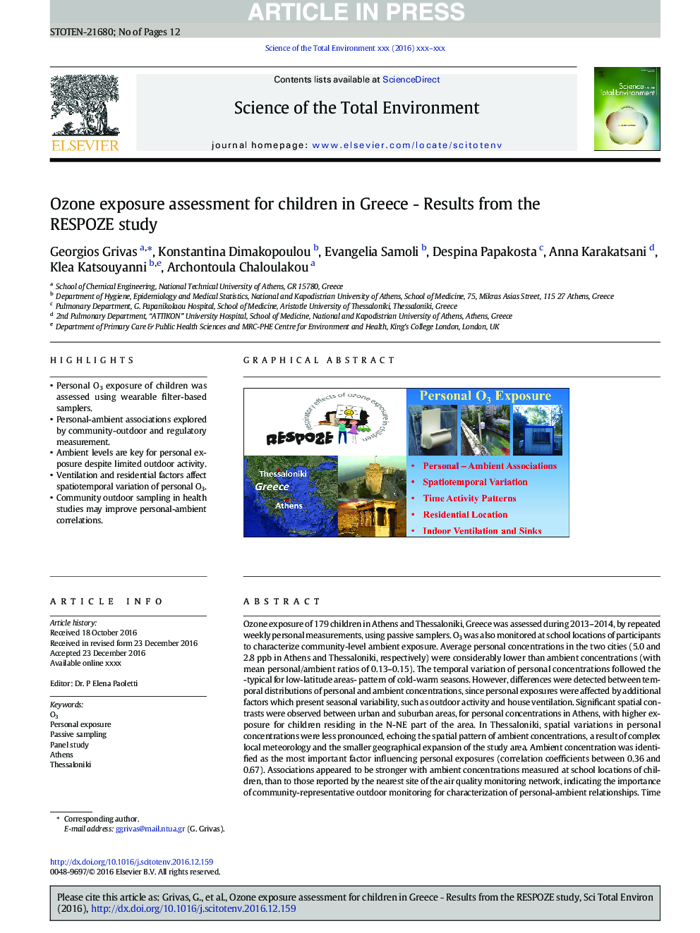 Ozone exposure assessment for children in Greece - Results from the RESPOZE study