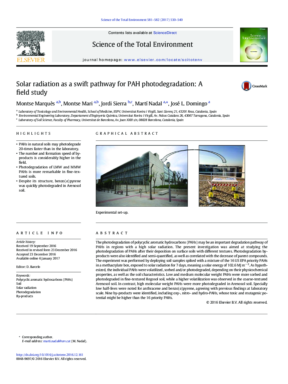 Solar radiation as a swift pathway for PAH photodegradation: A field study