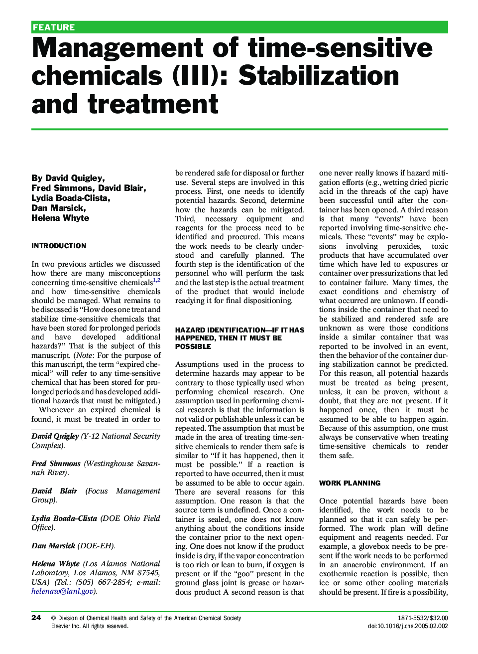 Management of time-sensitive chemicals (III): Stabilization and treatment
