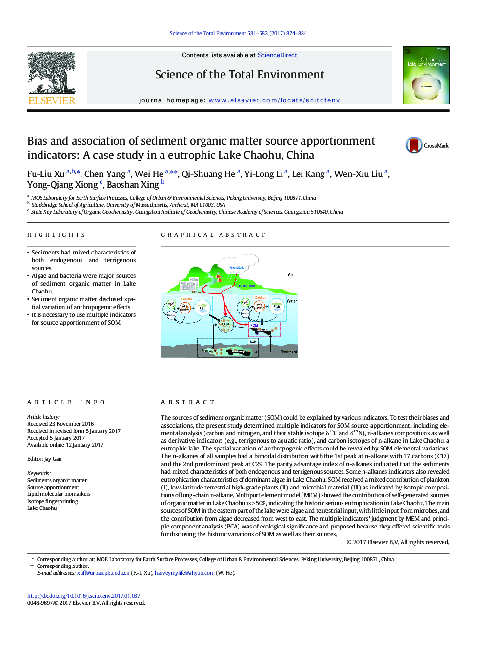 Bias and association of sediment organic matter source apportionment indicators: A case study in a eutrophic Lake Chaohu, China