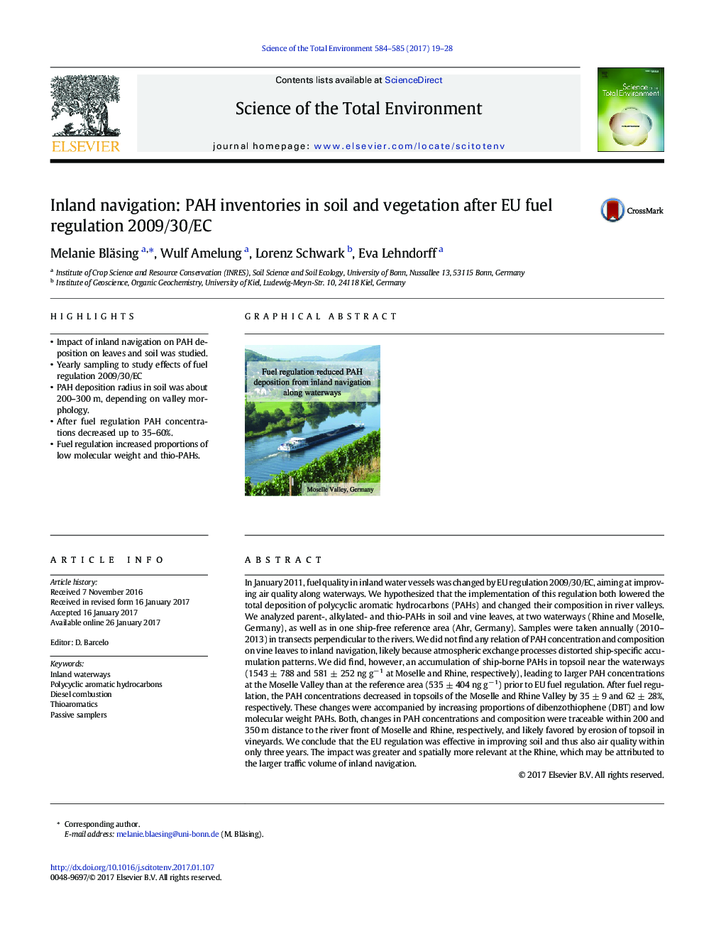 Inland navigation: PAH inventories in soil and vegetation after EU fuel regulation 2009/30/EC