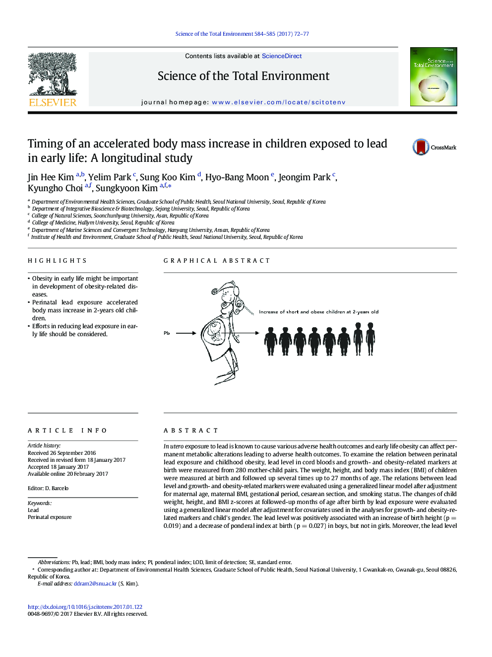 Timing of an accelerated body mass increase in children exposed to lead in early life: A longitudinal study