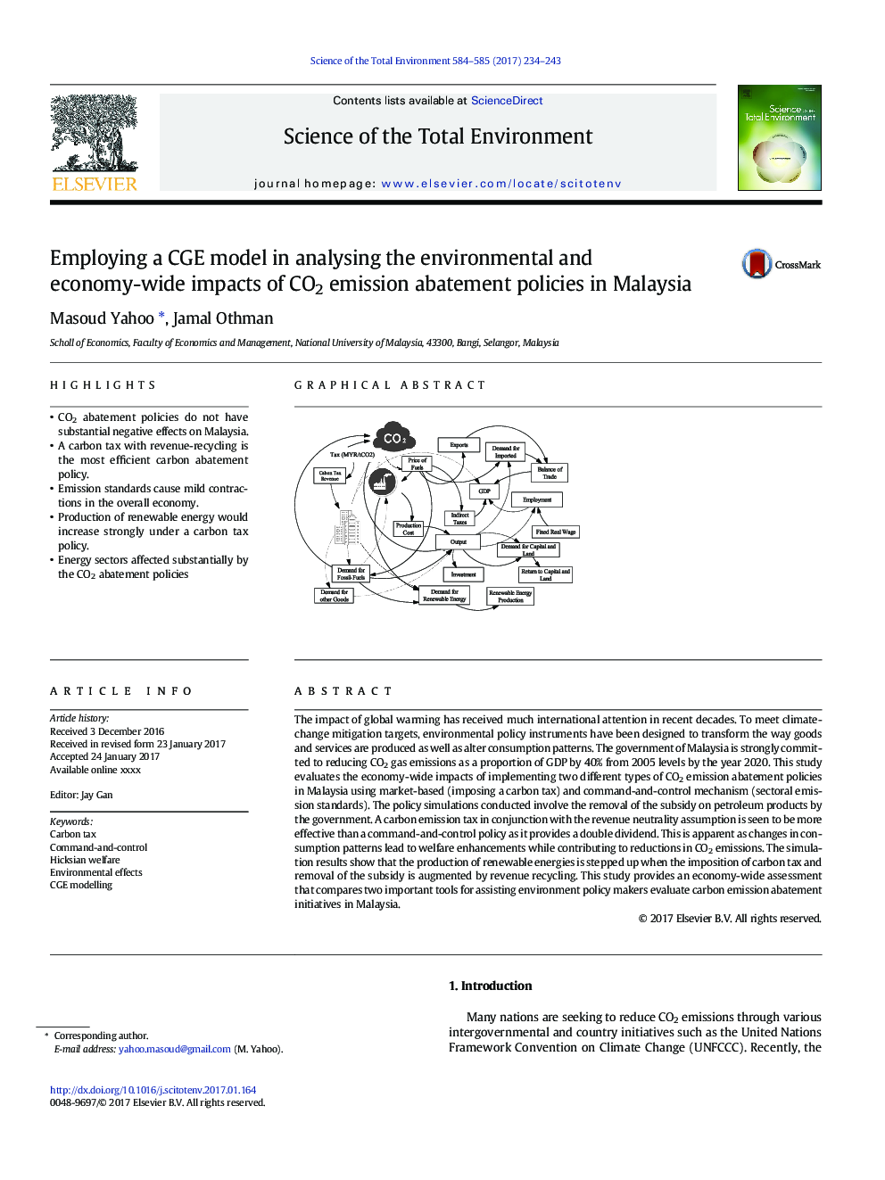 Employing a CGE model in analysing the environmental and economy-wide impacts of CO2 emission abatement policies in Malaysia