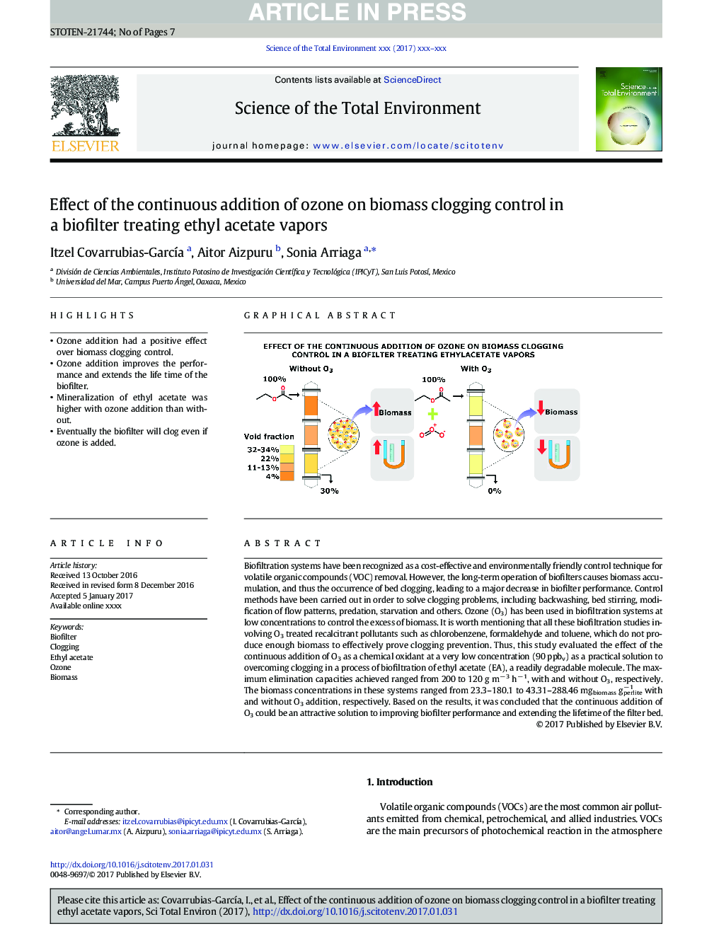 Effect of the continuous addition of ozone on biomass clogging control in a biofilter treating ethyl acetate vapors