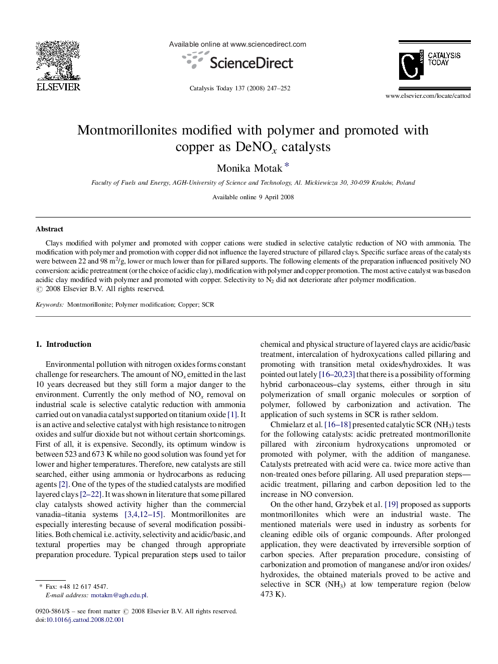 Montmorillonites modified with polymer and promoted with copper as DeNOx catalysts