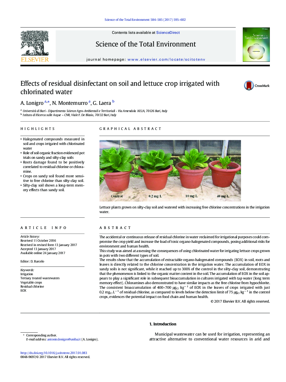 Effects of residual disinfectant on soil and lettuce crop irrigated with chlorinated water