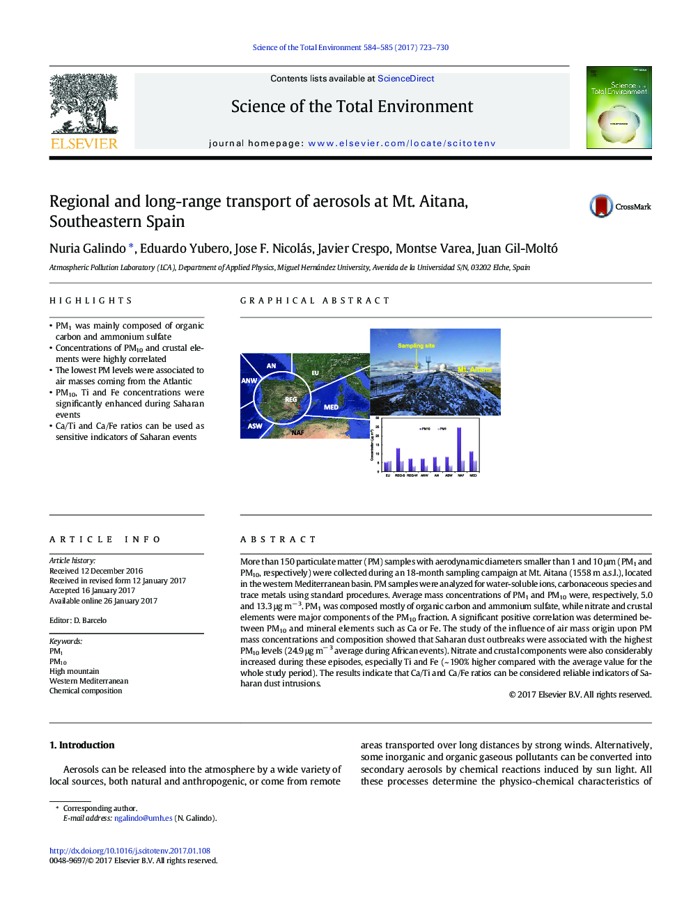 Regional and long-range transport of aerosols at Mt. Aitana, Southeastern Spain