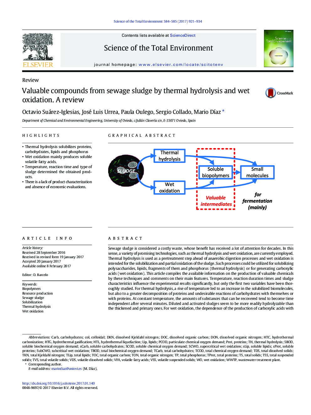 ReviewValuable compounds from sewage sludge by thermal hydrolysis and wet oxidation. A review