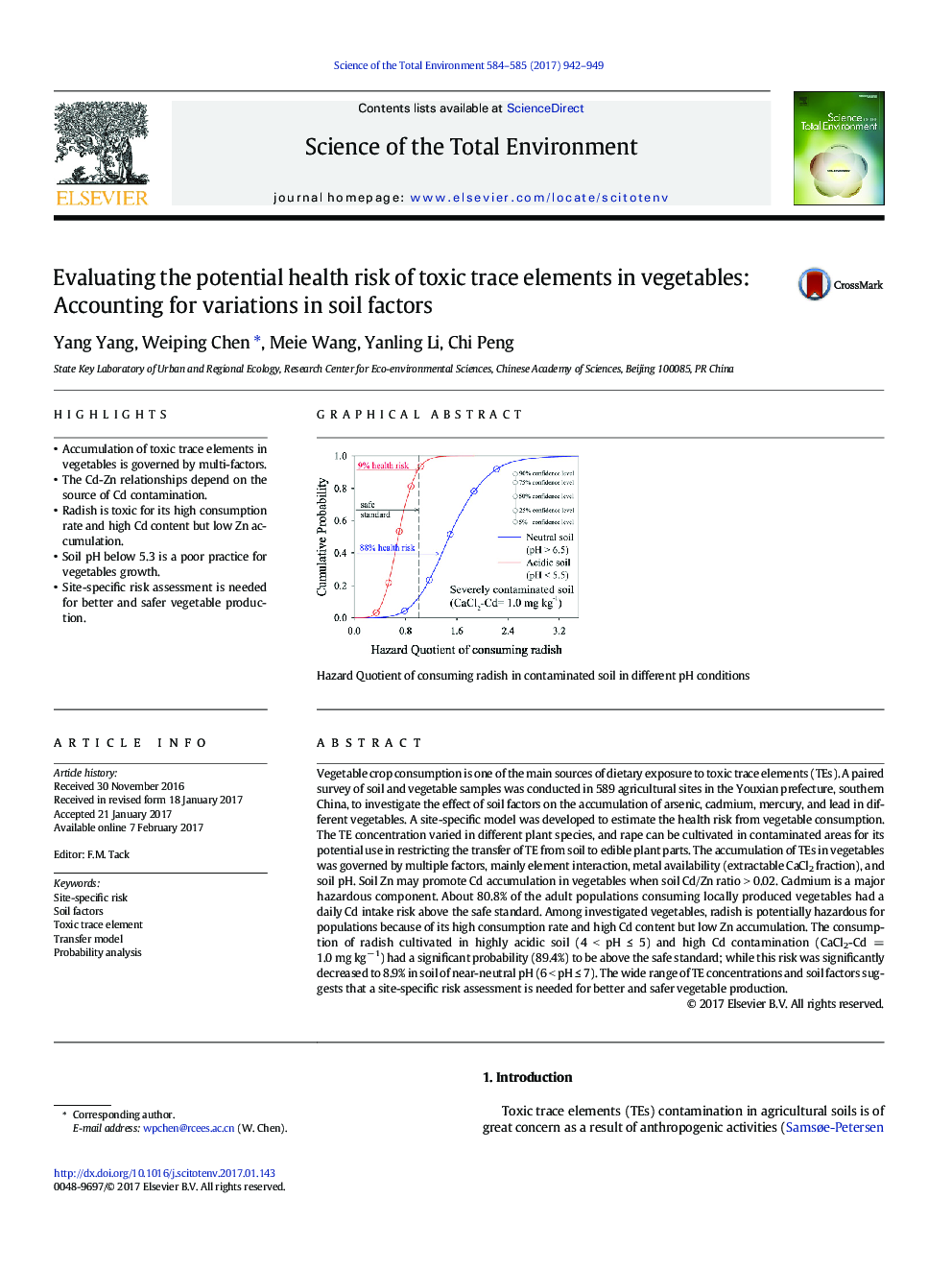 Evaluating the potential health risk of toxic trace elements in vegetables: Accounting for variations in soil factors