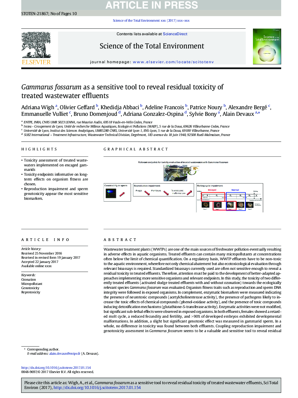 Gammarus fossarum as a sensitive tool to reveal residual toxicity of treated wastewater effluents