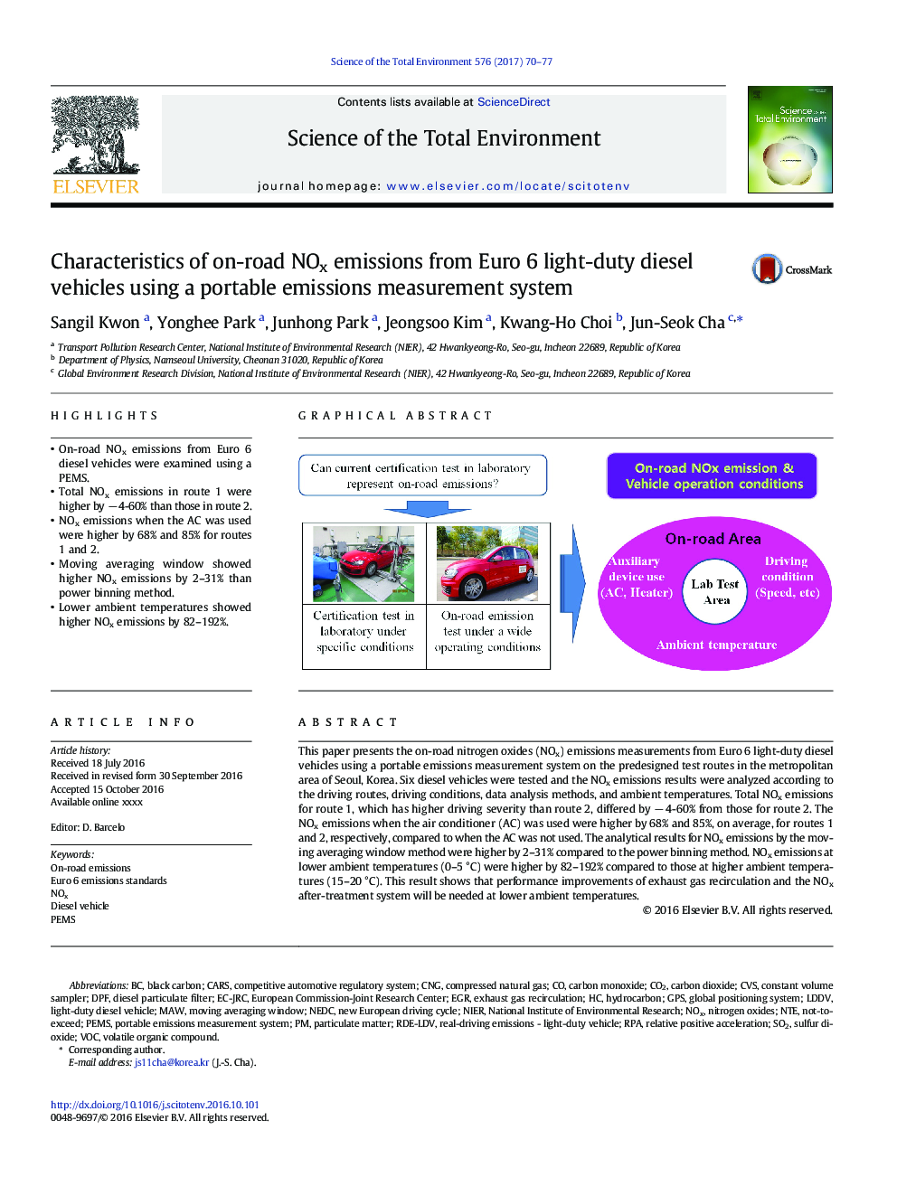 Characteristics of on-road NOx emissions from Euro 6 light-duty diesel vehicles using a portable emissions measurement system