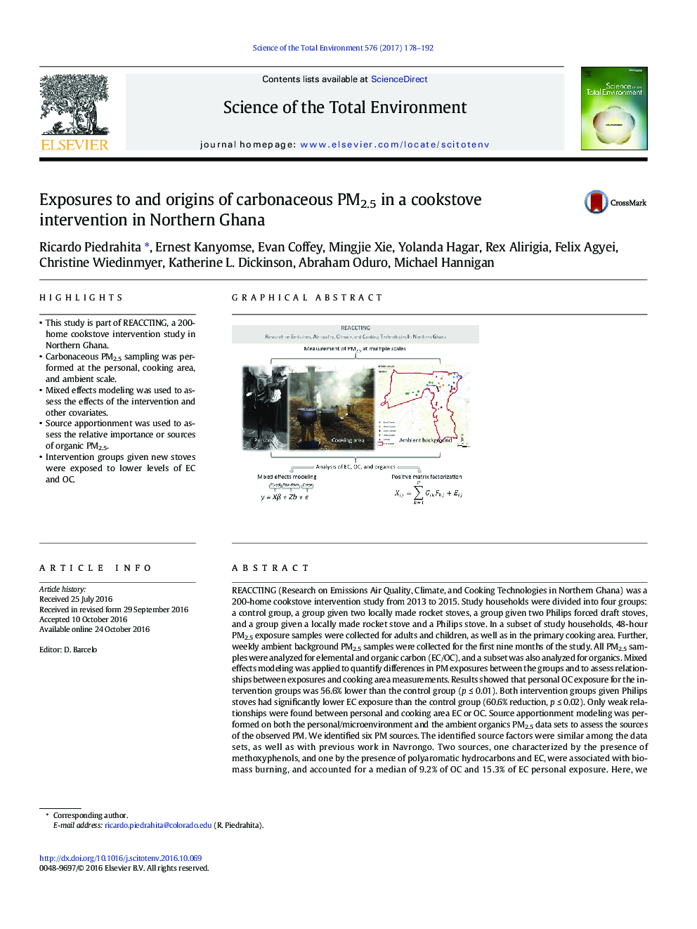 Exposures to and origins of carbonaceous PM2.5 in a cookstove intervention in Northern Ghana