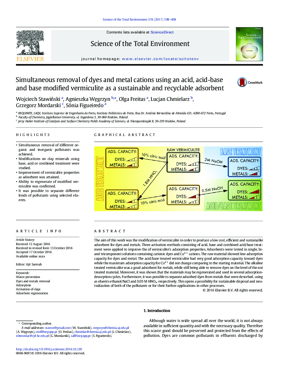 Simultaneous removal of dyes and metal cations using an acid, acid-base and base modified vermiculite as a sustainable and recyclable adsorbent