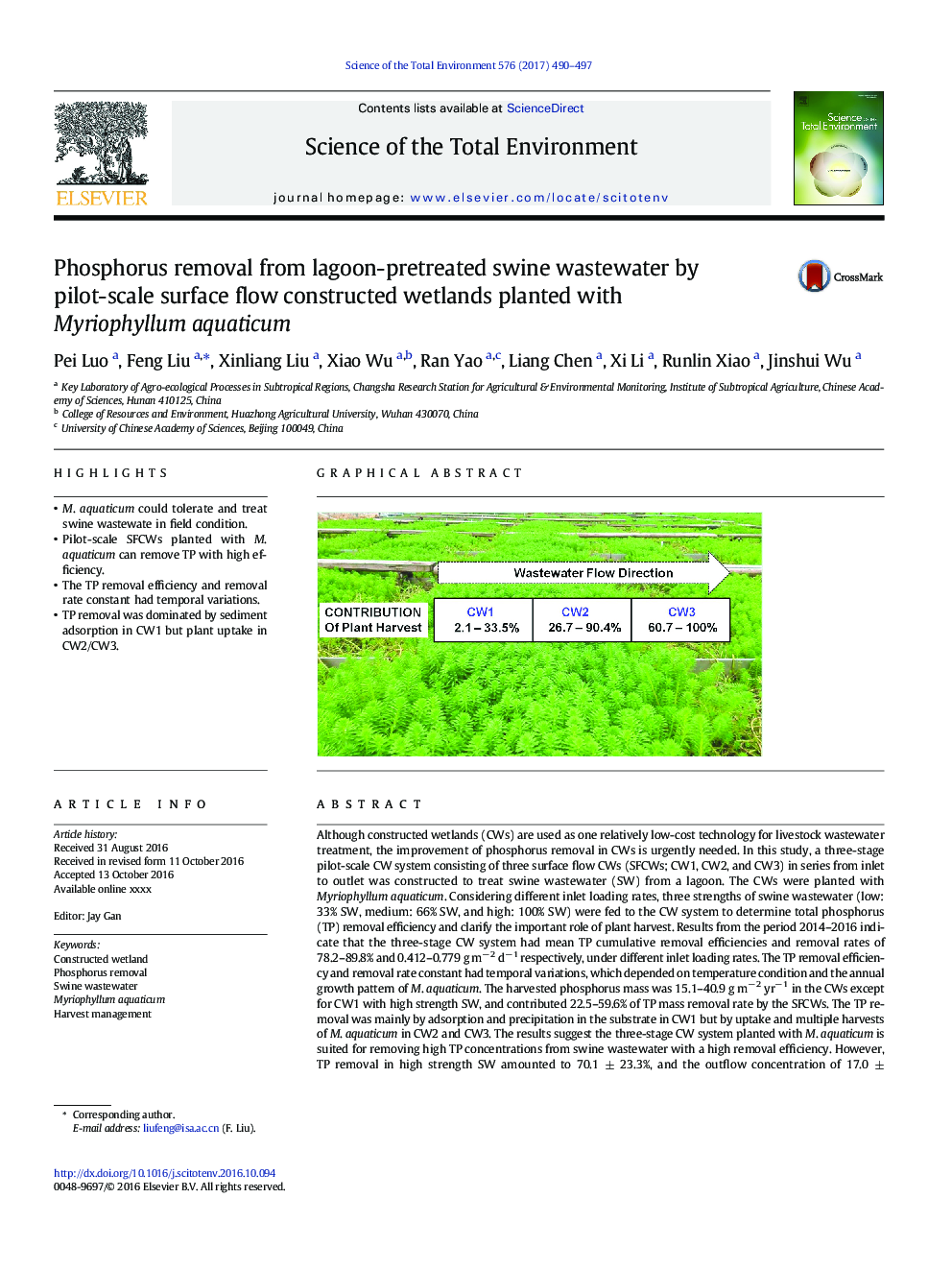 عکس صفحه اول مقاله: Phosphorus removal from lagoon-pretreated swine wastewater by pilot-scale surface flow constructed wetlands planted with Myriophyllum aquaticum Phosphorus removal from lagoon-pretreated swine wastewater by pilot-scale surface flow constructed wetlands planted with Myriophyllum aquaticum